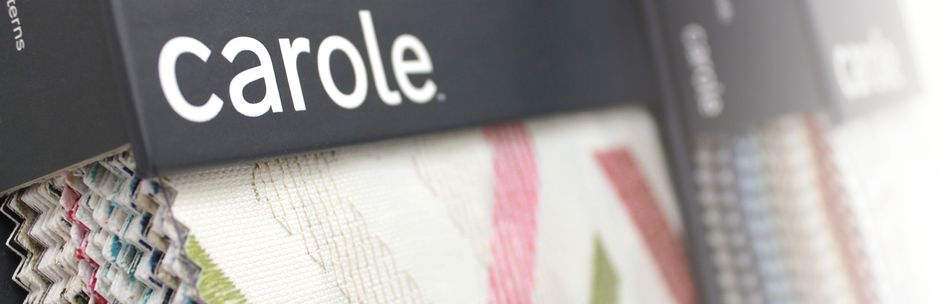 2021-Fall-Launch-SiteBanner Detail of two Carole Fabrics sample books from the Fall 2021 Collection.