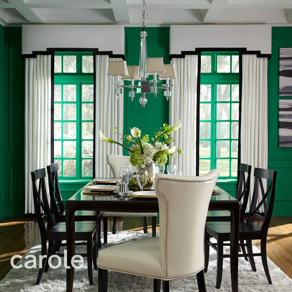 Bright green dining room with Albany Cornice top treatment, drapery and furniture in black and white.