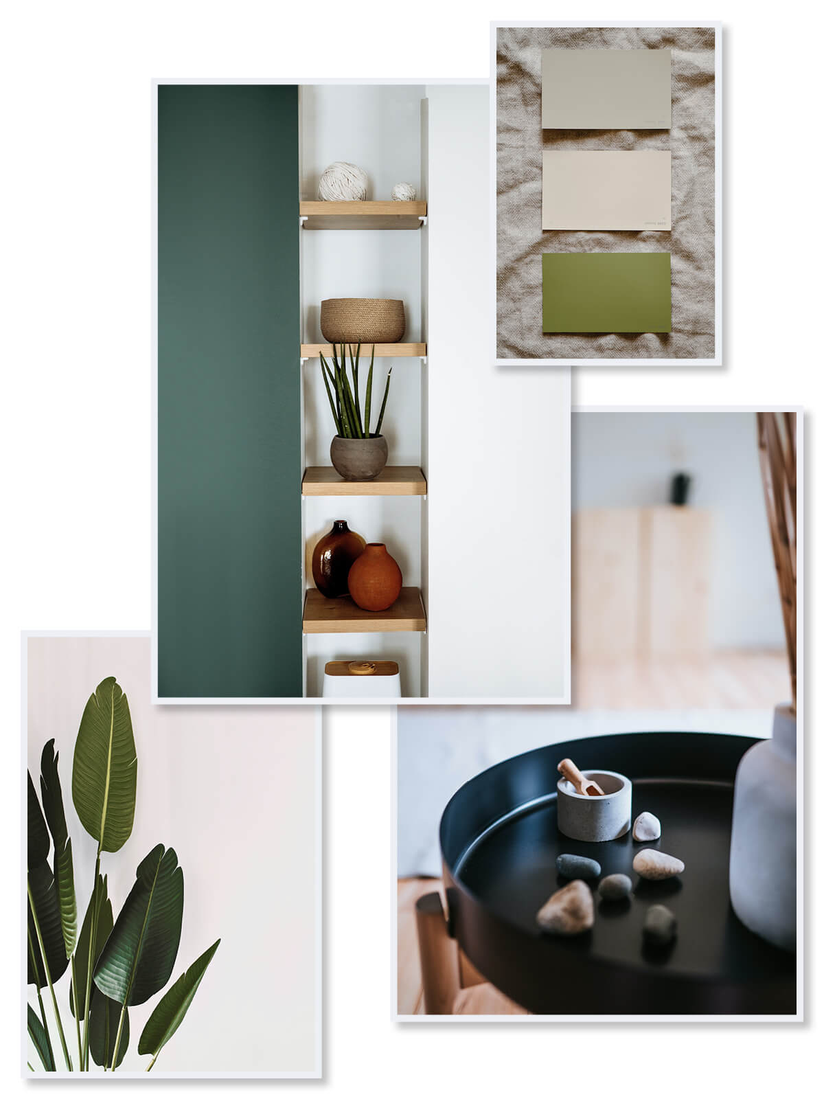 Collage of rooms, plants and decor representing the Japandi trend.