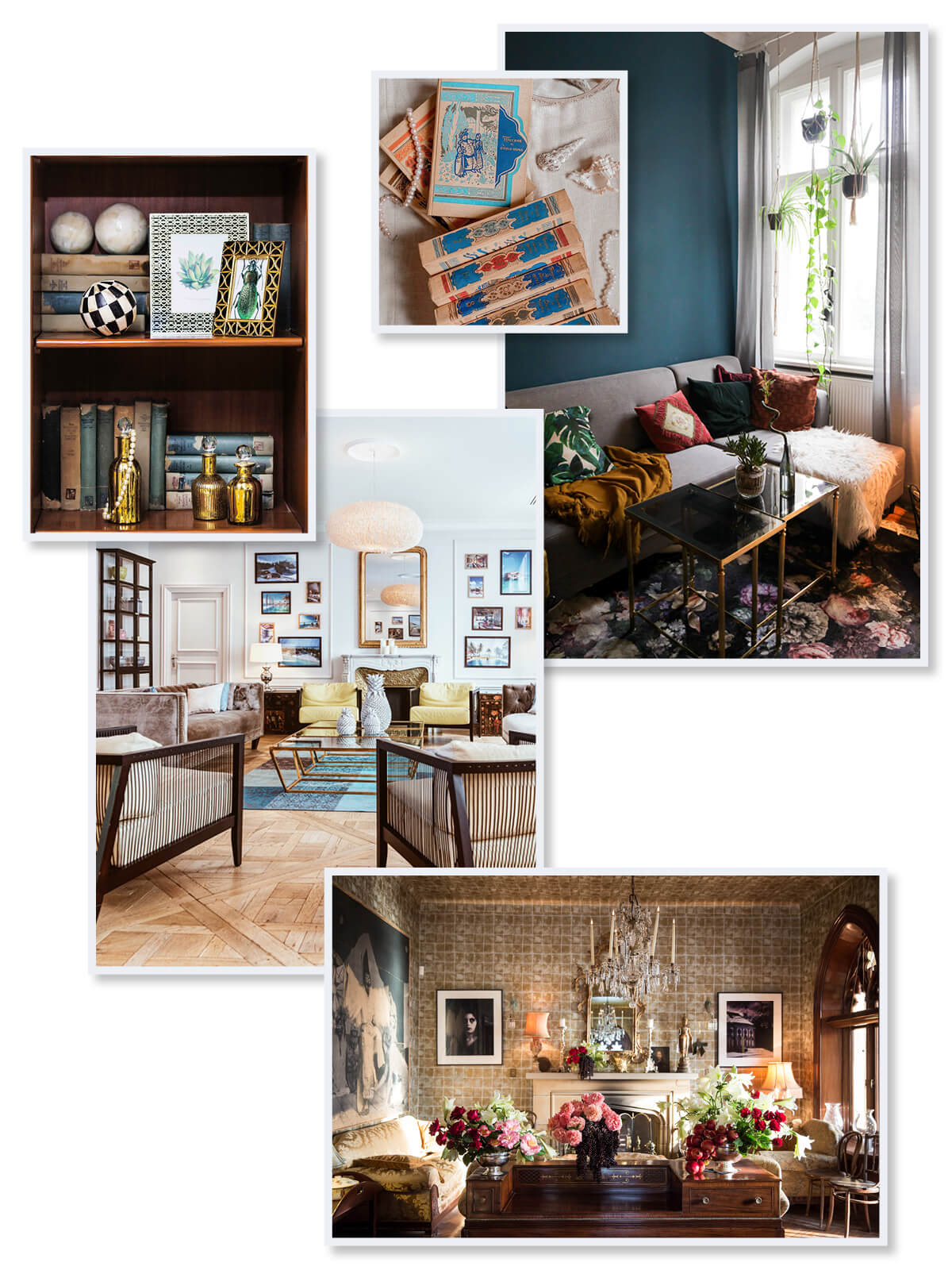 Collage of rooms and decor representing the Maximalism trend.