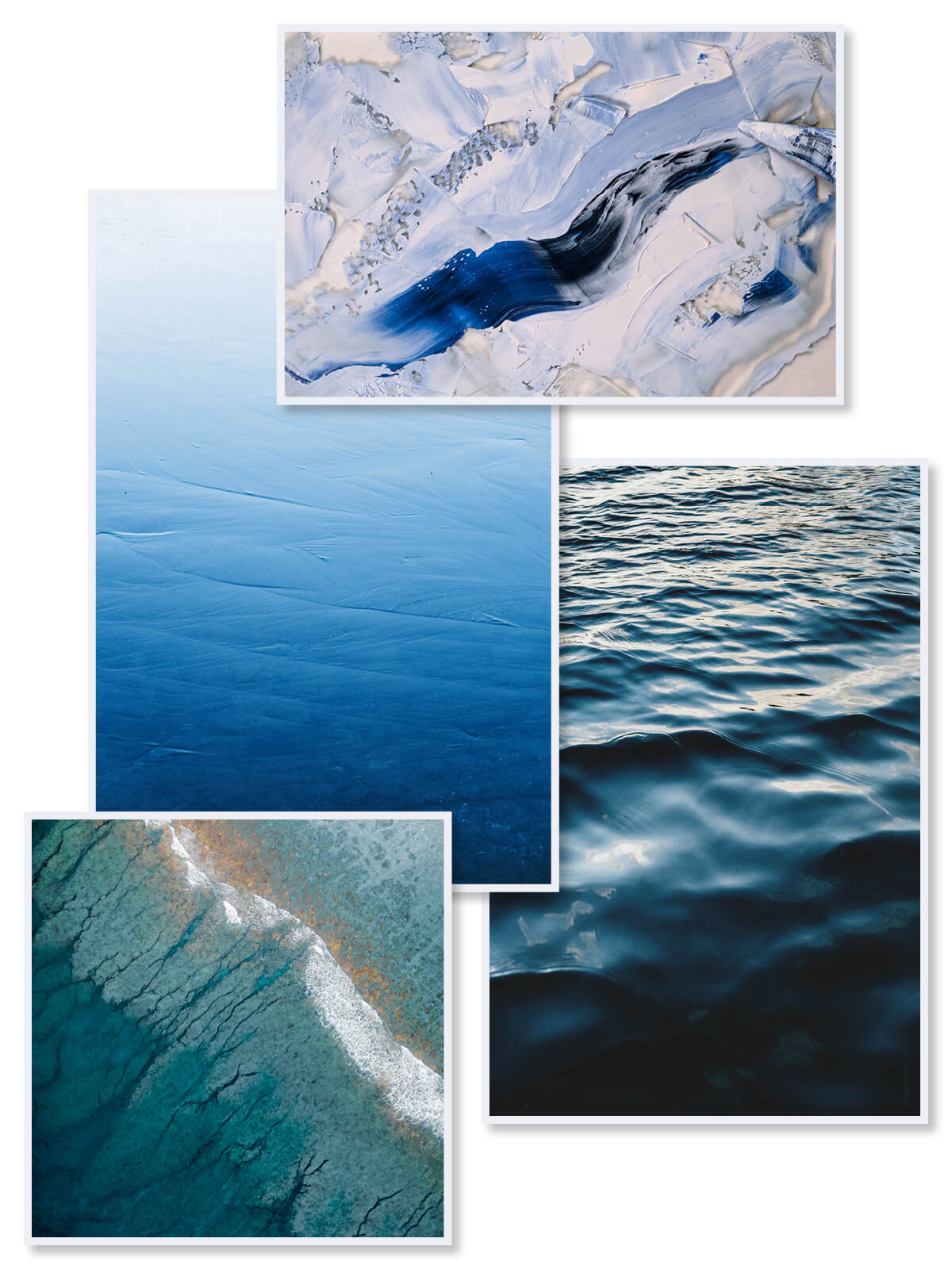 Collage of blue and teal water, stone and painting representing the Ocean Hues trend.