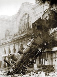1920 train crashed to the ground from a second story depot, representing the state of the derailed supply chain.