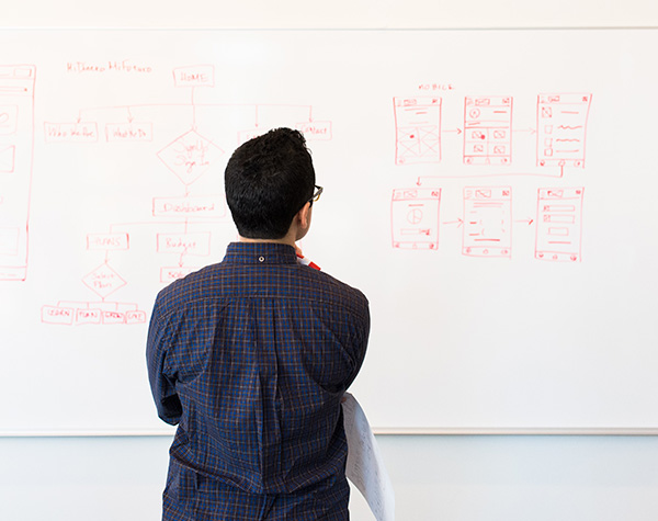 A man with his back to the camera as he considers the state of our industry through flow charts written in red on a whiteboard.