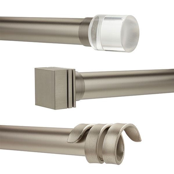 Three rods and finials from Magnolia Hardware Next Generation Iron: Clear Cylinder, Contempo and Ribbon