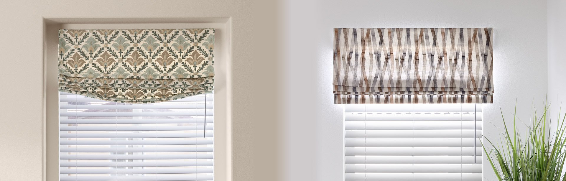 A Soft Faux Roman and a Flat Faux Roman in different rooms shown next to each other.