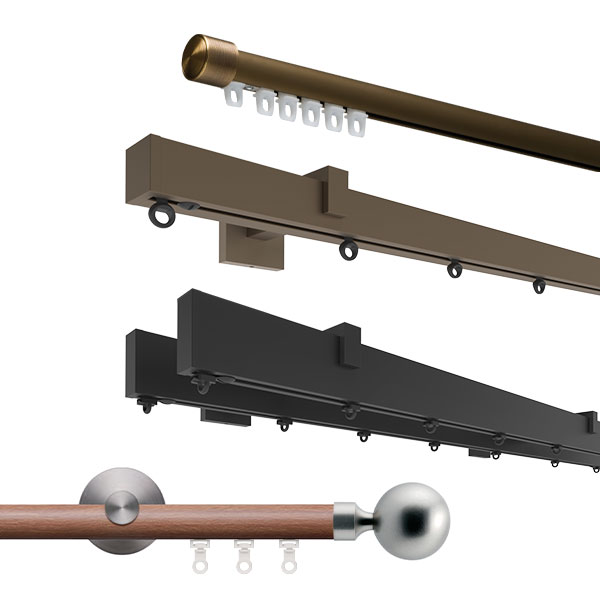 Four traversing rail sets from Forest Drapery Hardware.