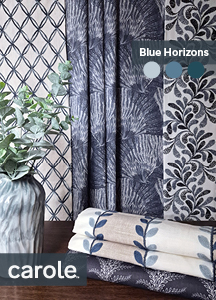 An arrangement of fabrics representing those in the sample book Blue Horizons.
