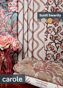 An arrangement of fabrics representing those in the sample book Sunlit Serenity.