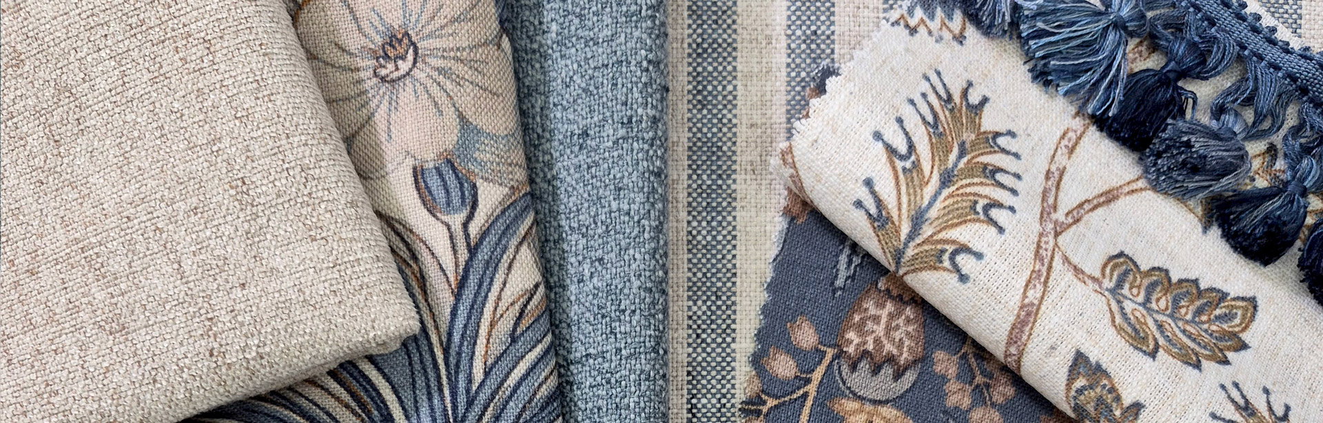 Assorted fabrics in blue patterns representing fabrics in the Fall 2026 Collection