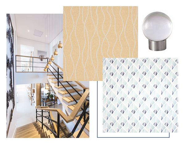 Mood board collage featuring 2021 inspiration from Carole Fabrics, including a soft yellow print and a geometric light blues.